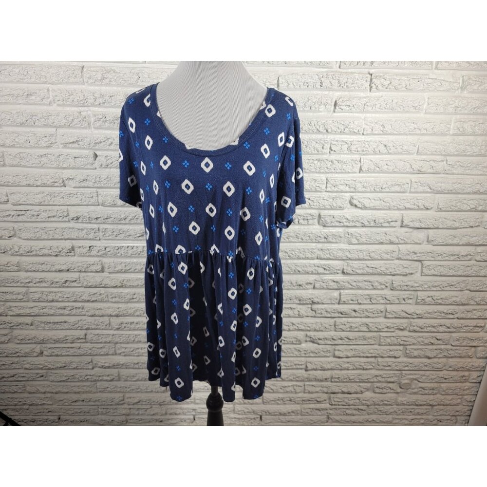 Terra & Sky Women's 1X Blue Diamond Geometric Cap Short Sleeve Top GEO249XE